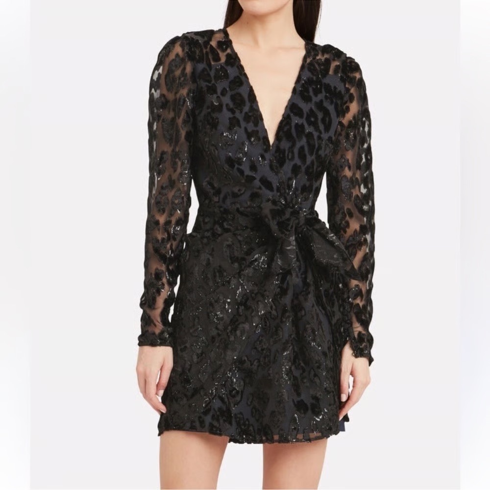 Self Portrait Metallic Long Sleeve Leopard Mini Dress Black Women's Size 2